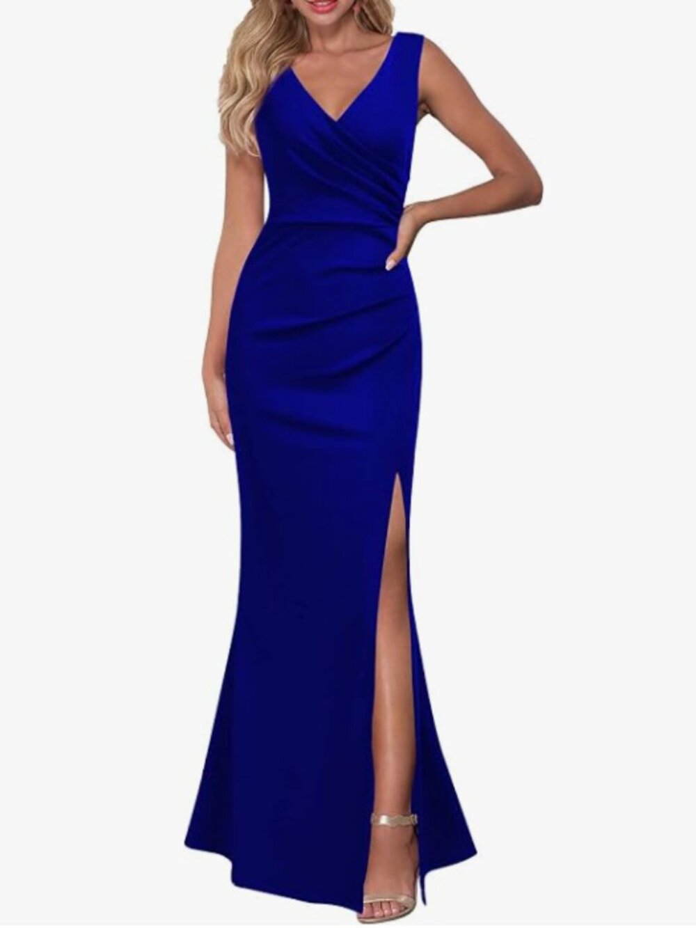 WOOSEA Women Blue Sleeveless V Neck Split Evening Cocktail Long Dress Size Large
